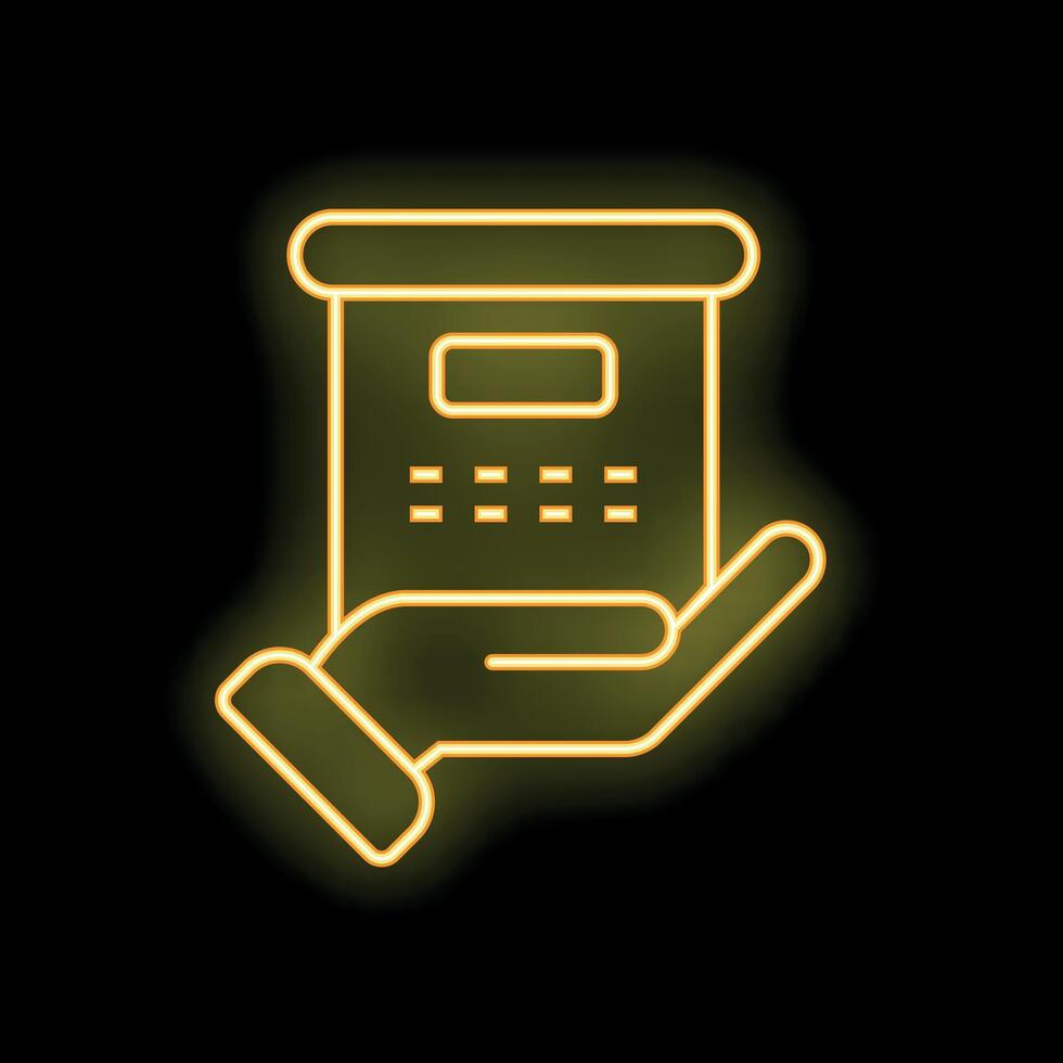 Hand holding document with neon effect on black background vector