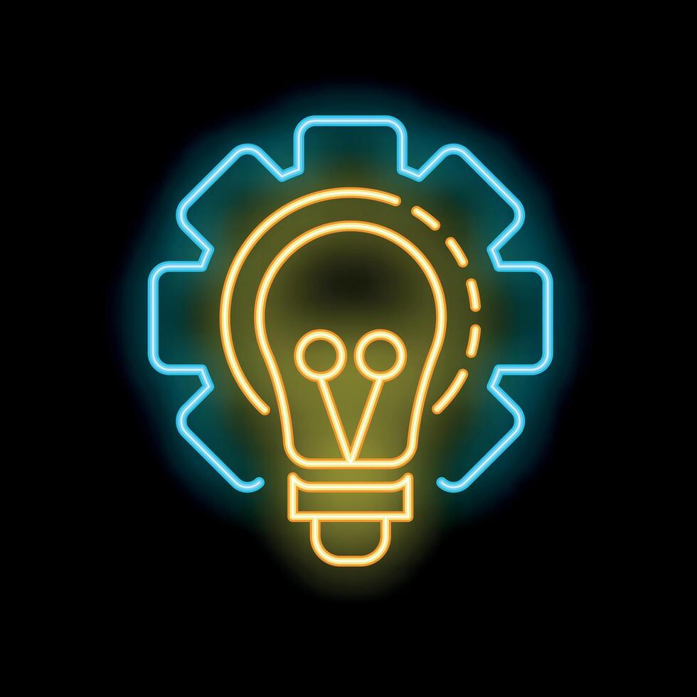 Neon icon of lightbulb surrounded by gear mechanism representing innovation vector