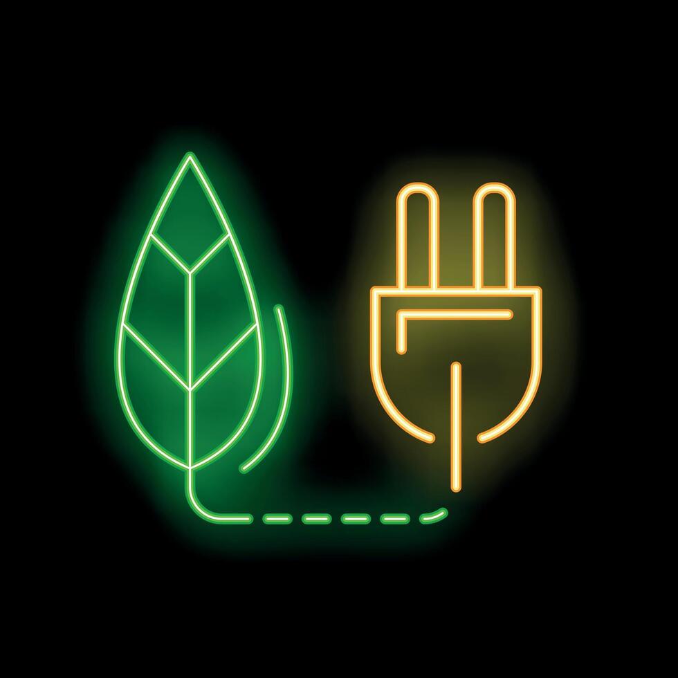 Neon green leaf connected to yellow electric plug with dashed line vector