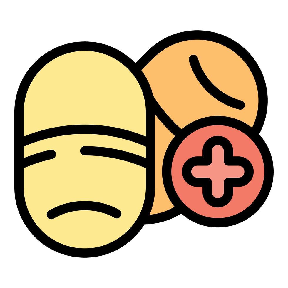Sad emoticon face taking medicine pill with medical cross vector
