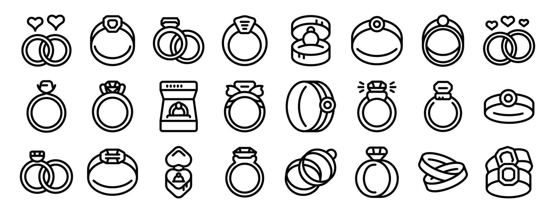 Rings engagement icons set. Wedding rings showing romance and commitment with diamonds and hearts vector