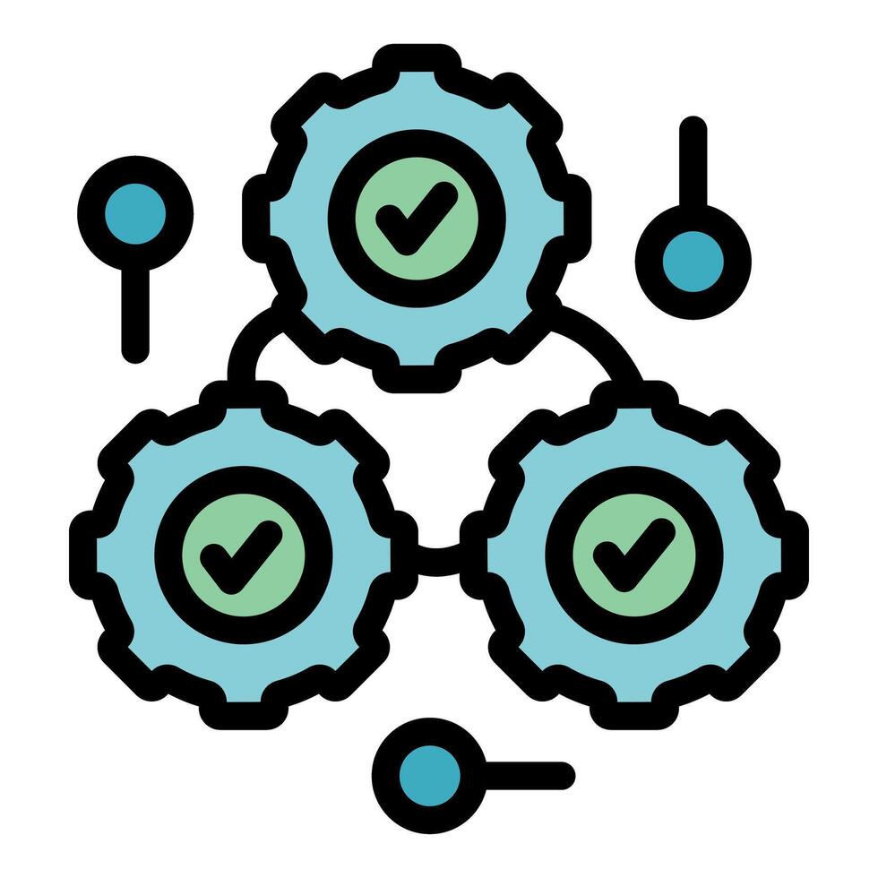 System working correctly showing three gears with check mark symbol inside vector