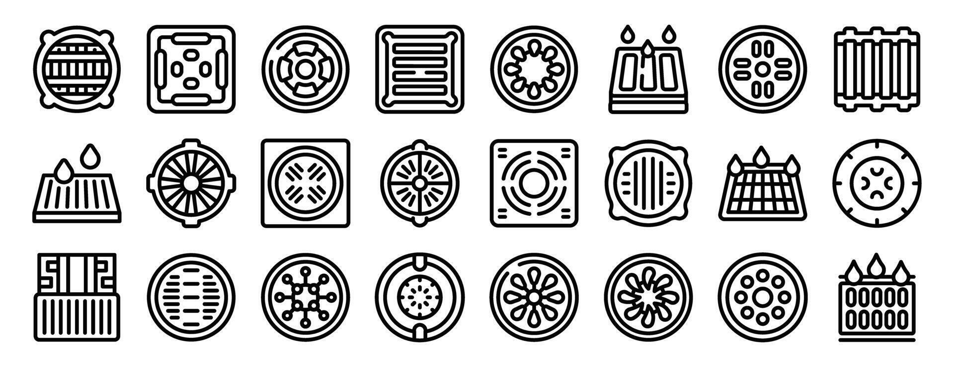 Drain manhole icons set. Set of various manhole covers for construction showing different shapes and patterns line icons vector