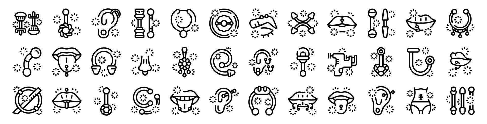 Piercing jewelry icons set. Piercing salon tools and pierced body parts icons set representing diverse piercing options vector