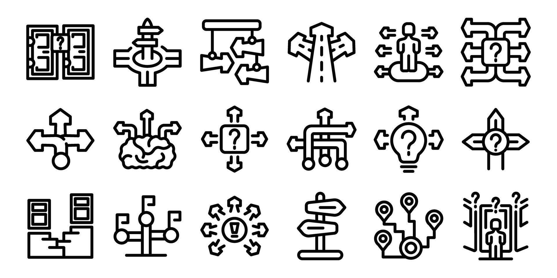Choosing multiple directions icons set. Choosing path direction way signpost decision making icons vector