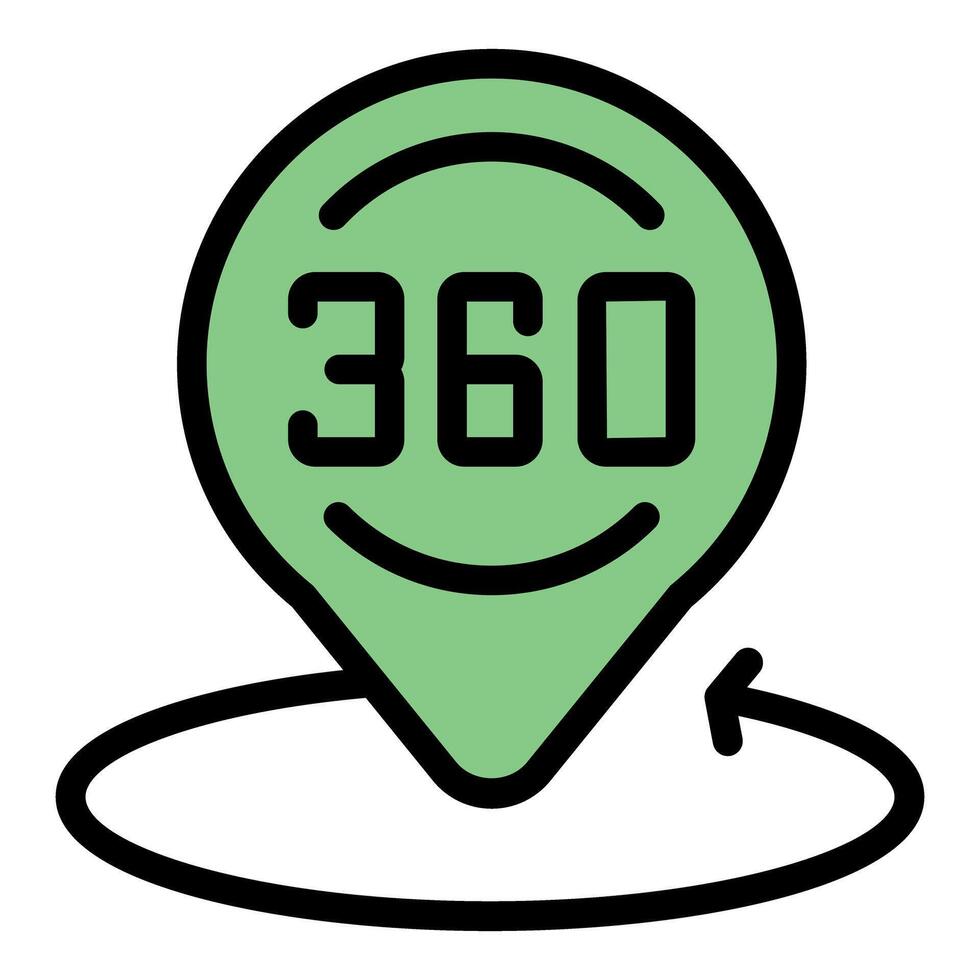 Green 360 degree pin pointing location icon showing full rotation vector