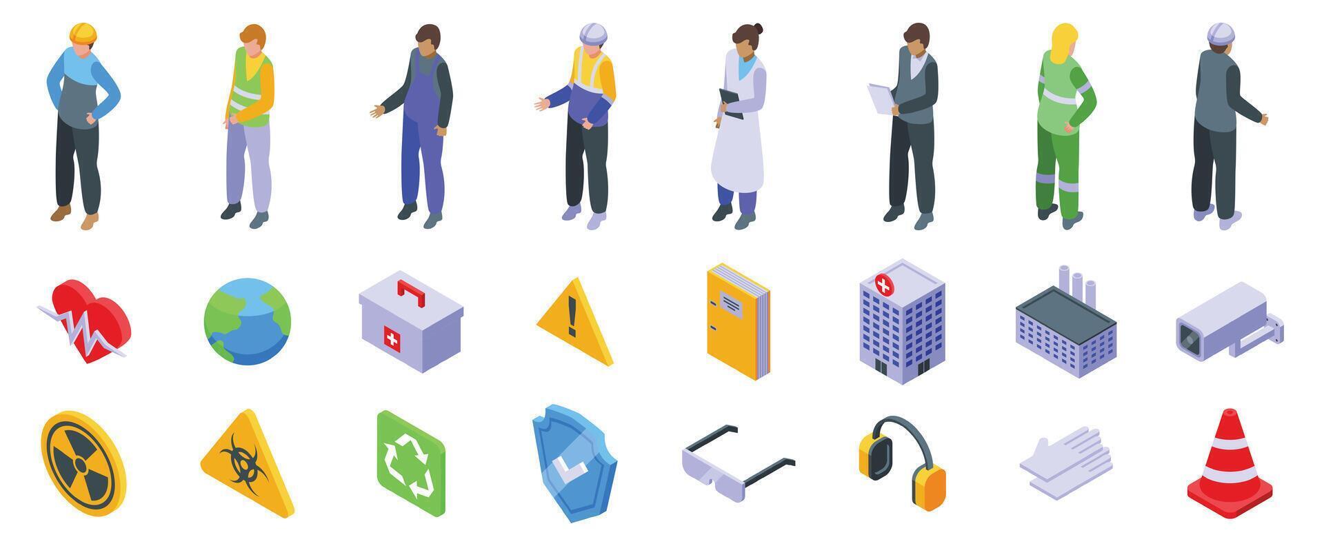 HSE icons set. Occupational safety and health icons showing different professions and safety equipment in isometric view vector