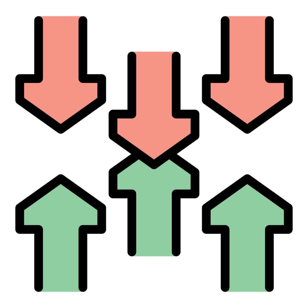 Three green up arrows confronting three red down arrows icon vector