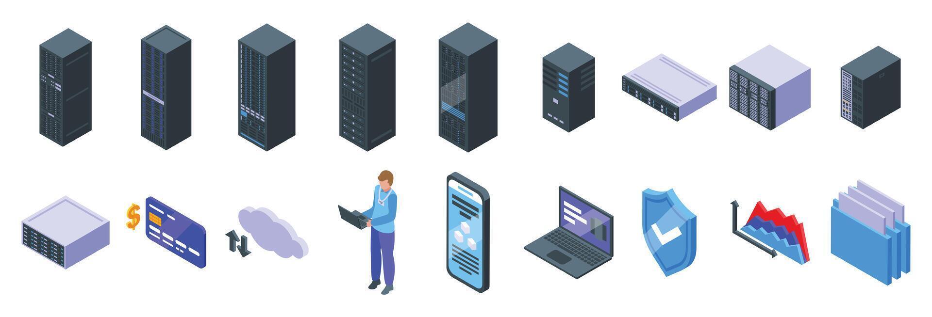 Dedicated server icons set. System administrator managing data storage, server and cloud computing with security and financial analytics vector