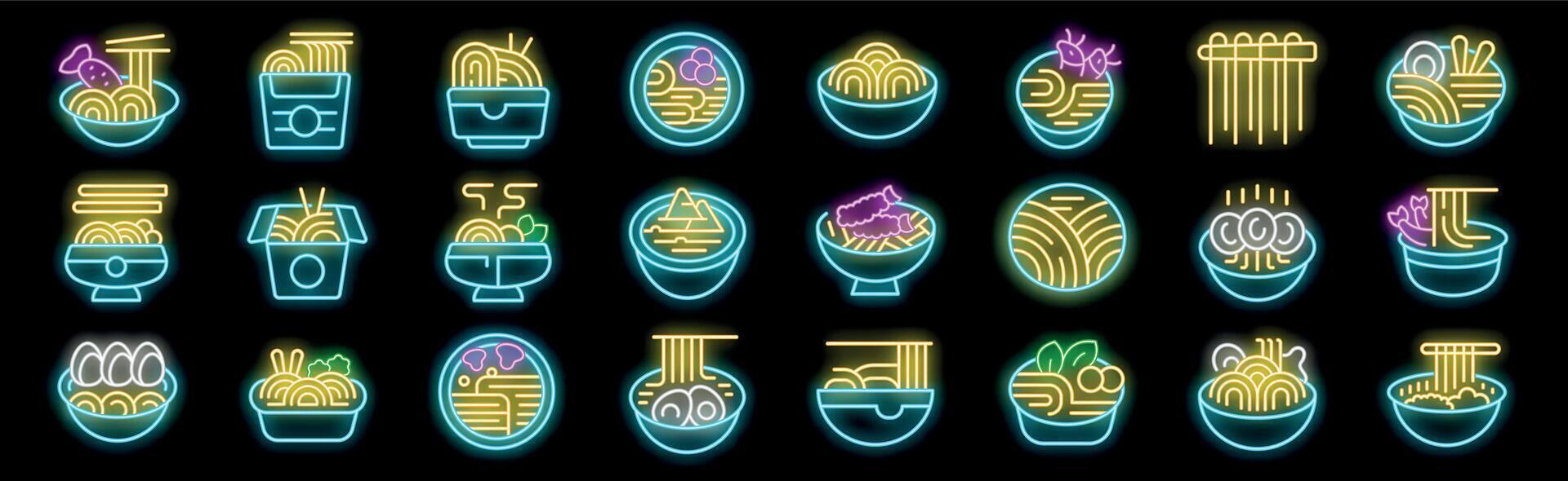 Asian noodles in bowls, plates and boxes with chopsticks neon icons set vector