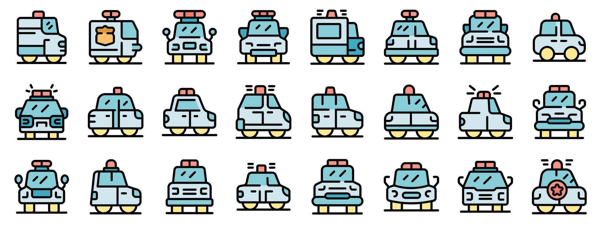 Collection of police cars and emergency vehicles icons depicting law enforcement and security vector
