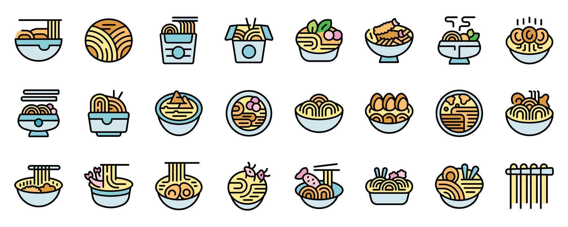 Different bowls of ramen with chopsticks, noodles and toppings are waiting for customers vector