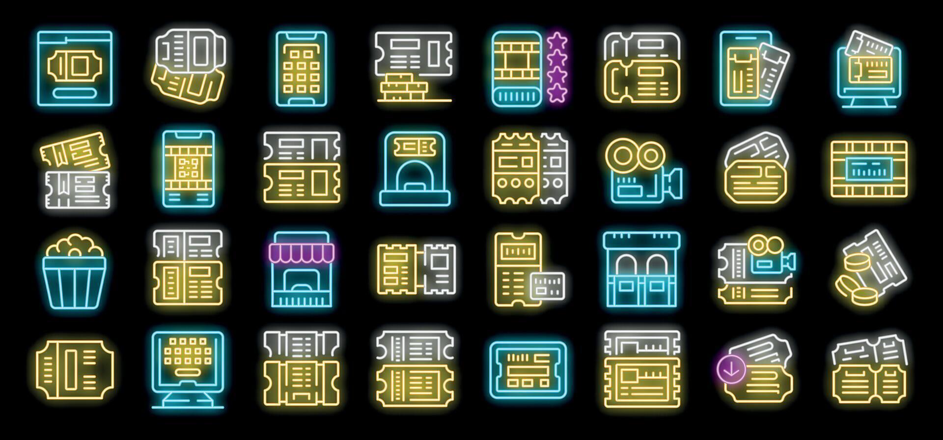 This big set of neon icons shows different types of tickets, online booking and ticket purchase vector