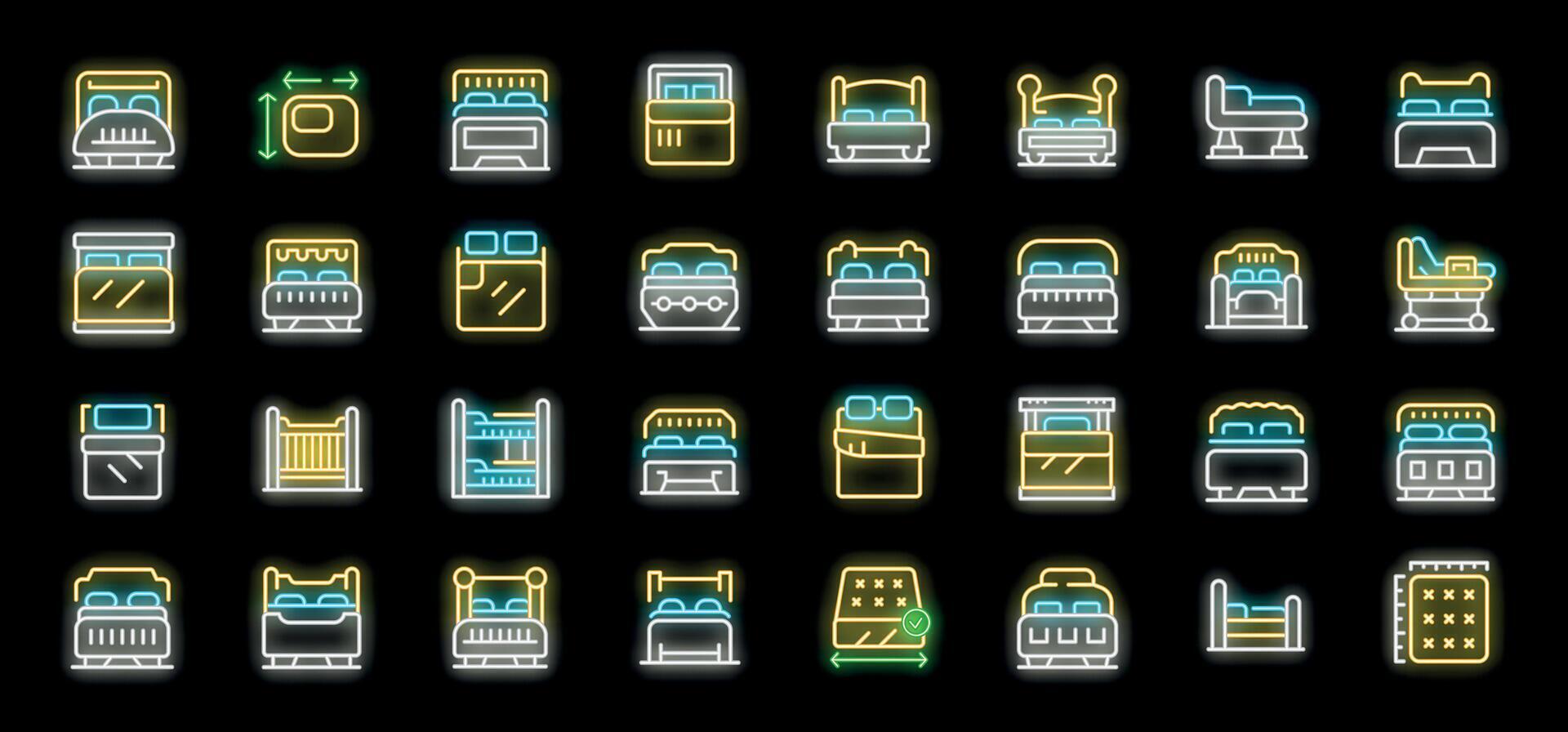 Neon bed types icons showing different bed styles for sleep and rest vector