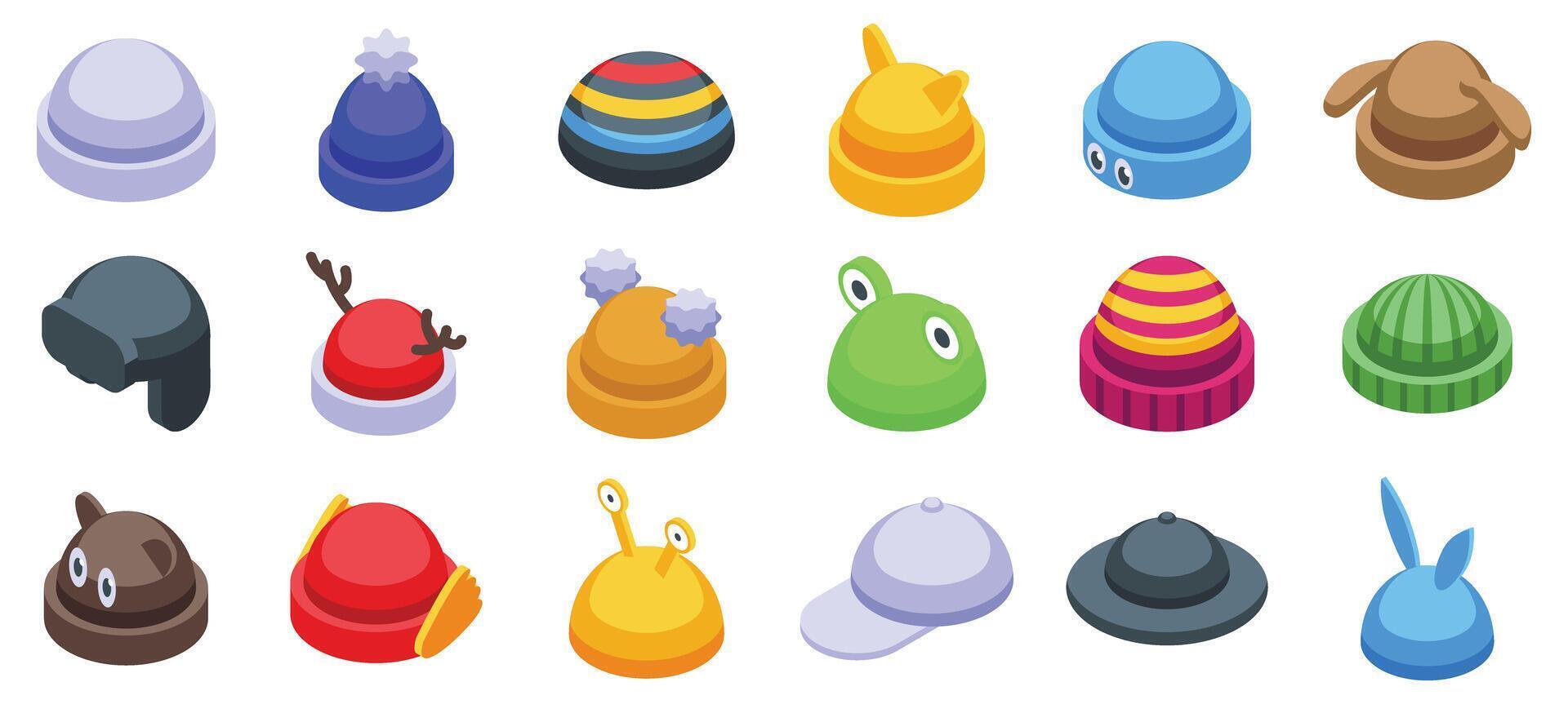 Kid beanie icons set. Large set of winter hats with pompoms and earflaps keeping your head warm vector
