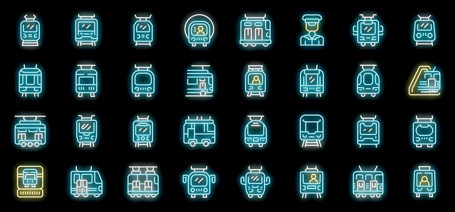 Set of tramway, trolleybus and funicular neon icons glowing in the dark vector