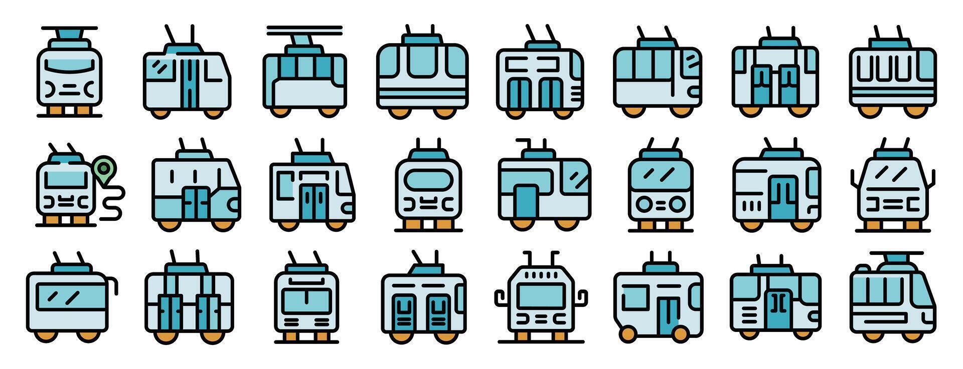 Set of trolleybus icons showing the diversity of designs of this electric bus vector