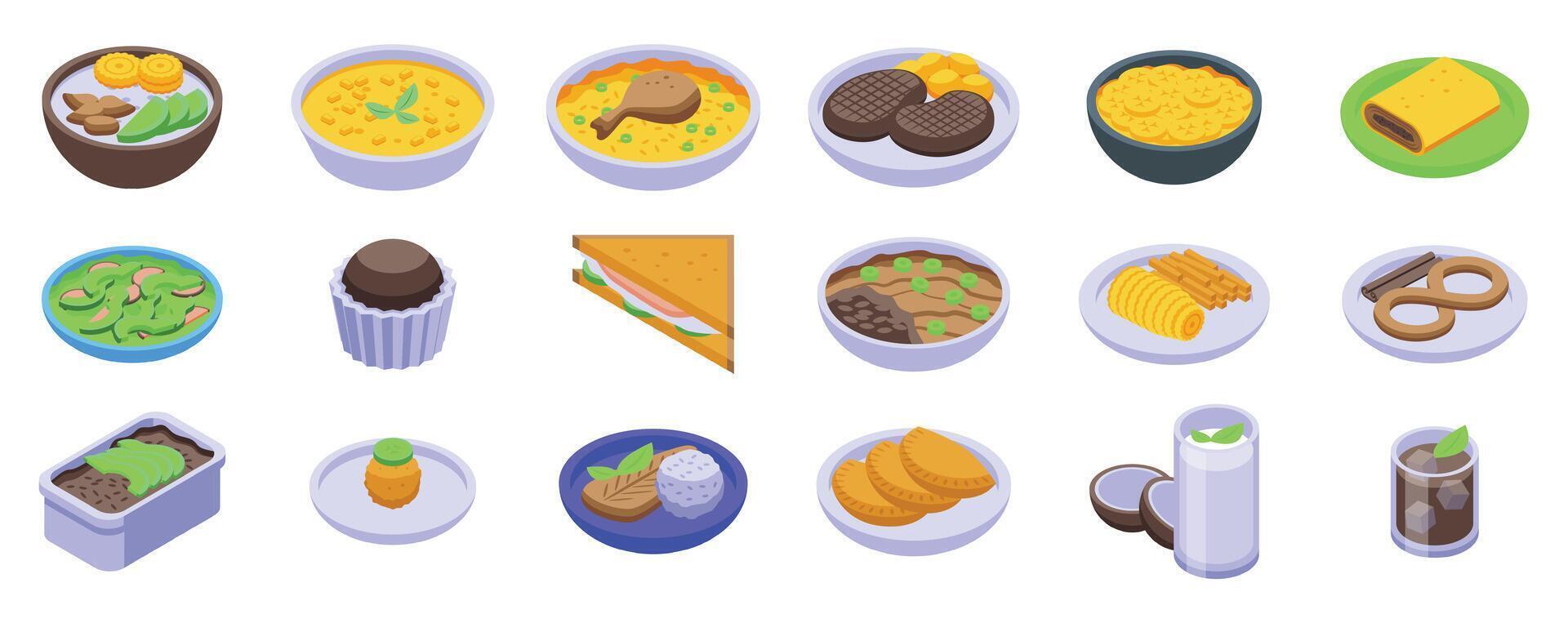 Cuban cuisine icons set. Latin american food set offering diverse dishes and drinks in isometric view vector