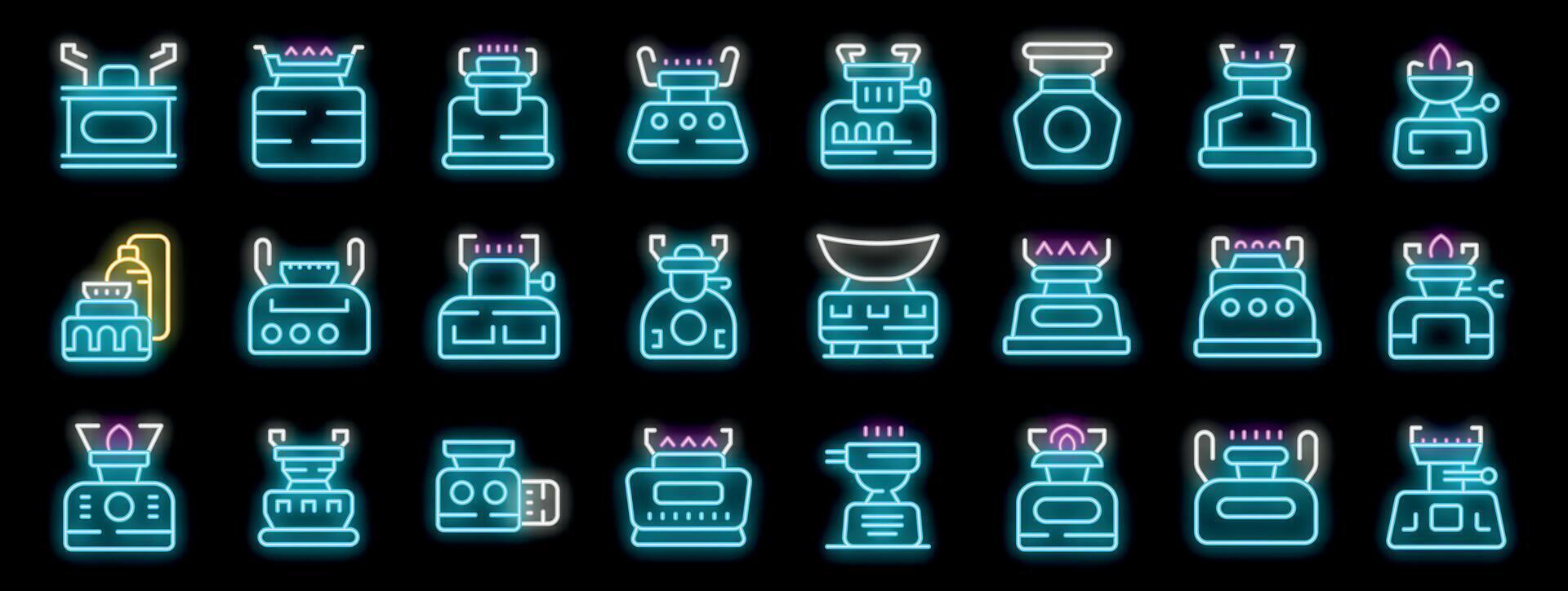 Set of camping stoves with gas cylinder for cooking in nature neon bright signboard, collection of glowing icons vector