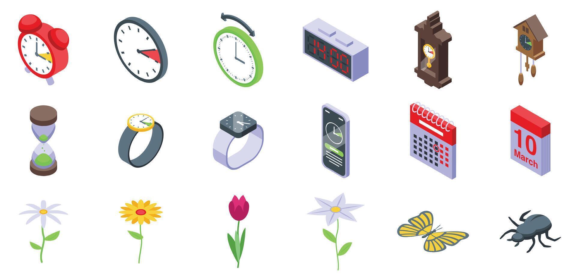 Spring forward icons set. Time passing concept with clock and calendar isometric icons set vector
