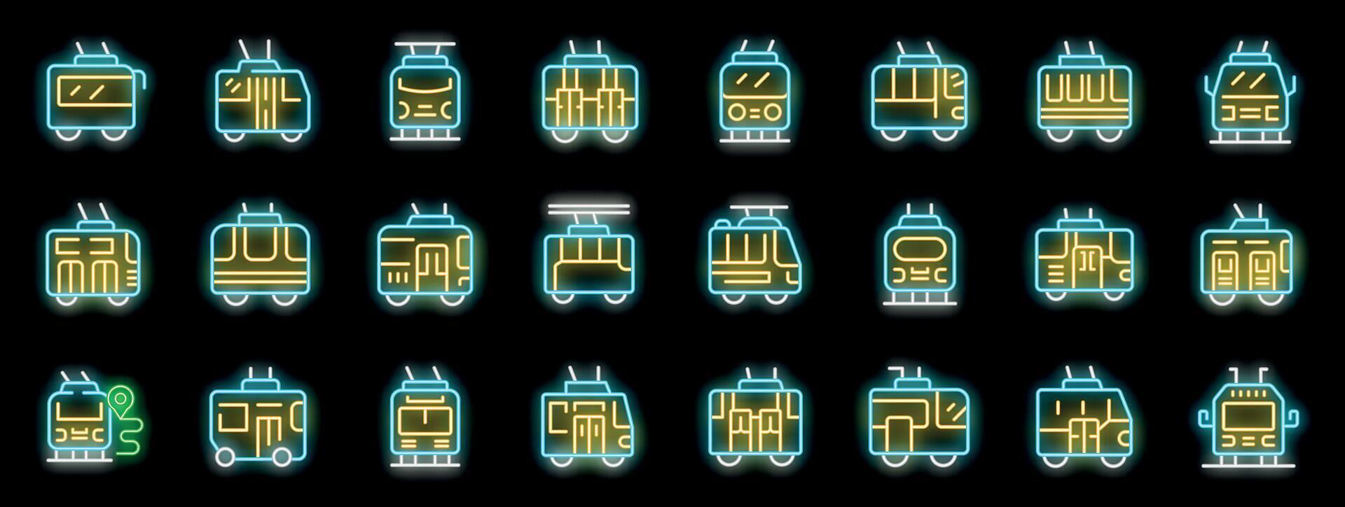 Set of tram or trolleybus neon icons showing public transportation vector
