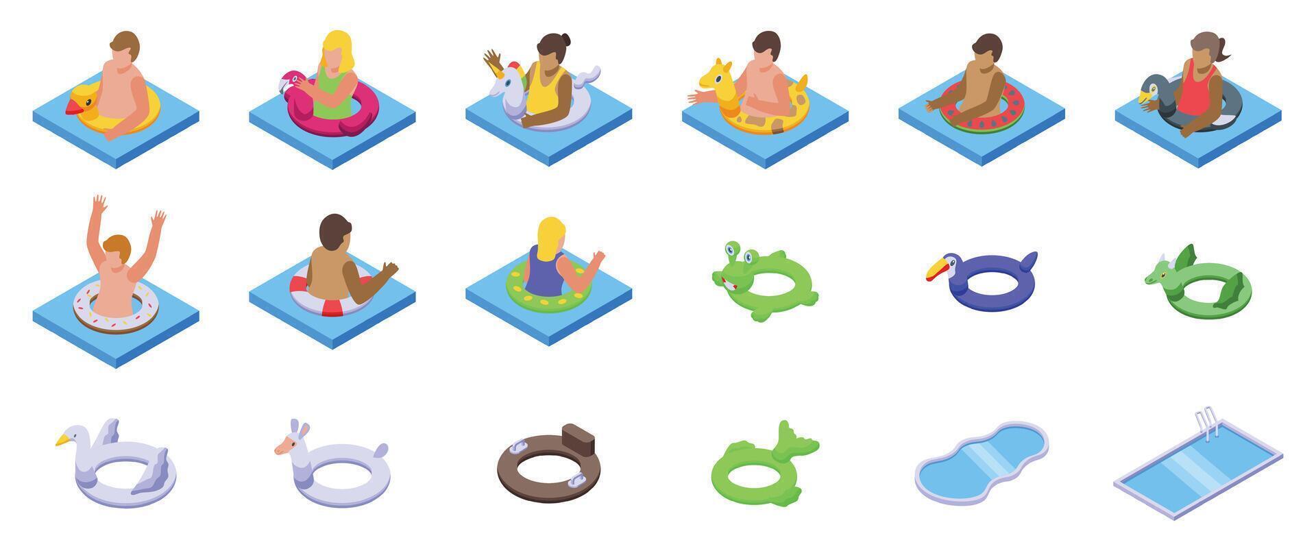Kids swim rubber ring icons set. People relaxing on inflatable rings and swimming pool icons set isometric view vector