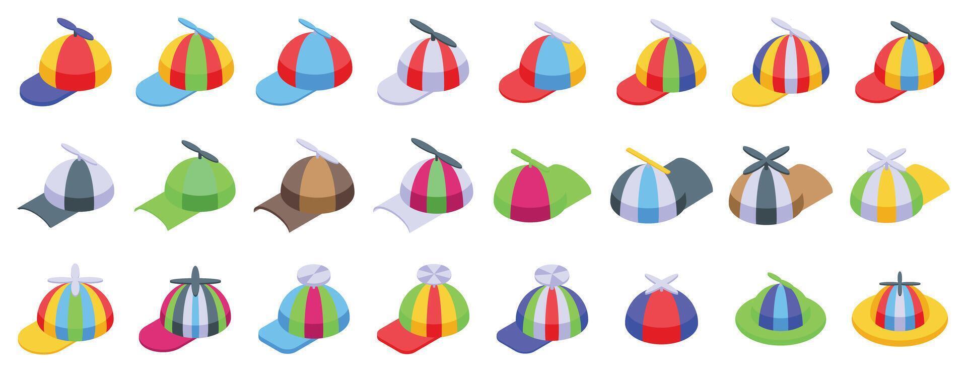 Cap propeller icons set. Set of funny colorful propeller hats with rotating fan blades on top isometric view vector
