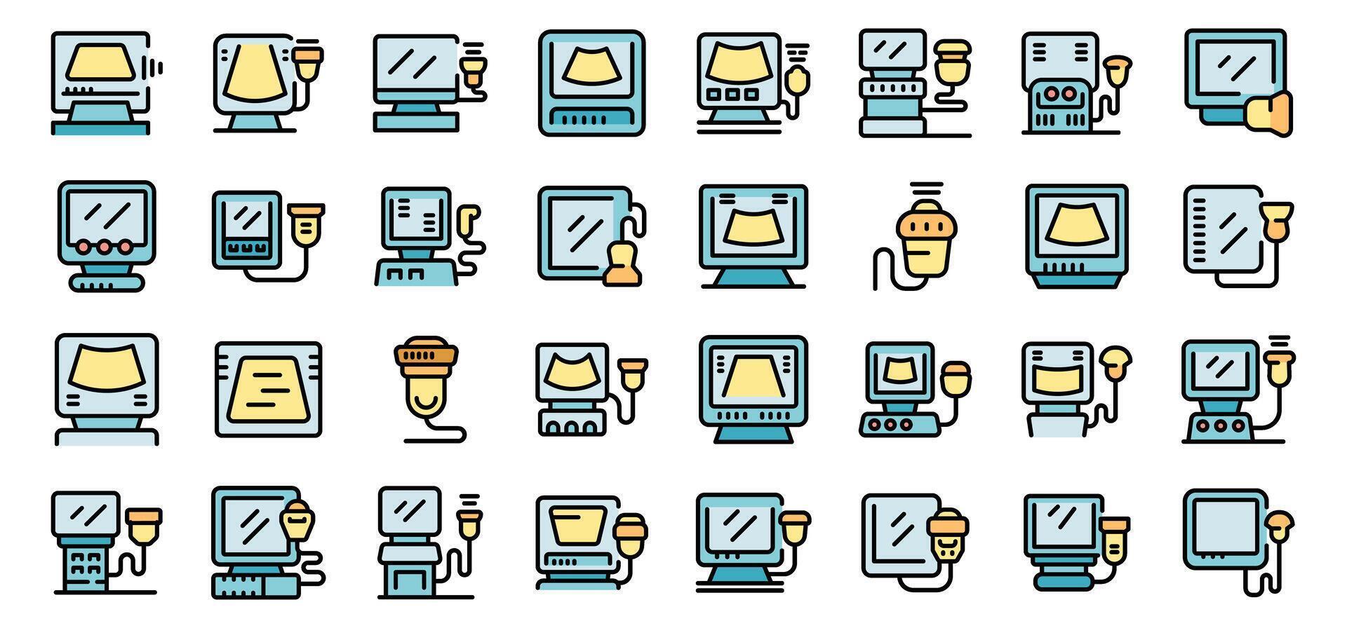 This set of ultrasound machine icons is perfect for projects related to healthcare, pregnancy, and medical diagnostics vector