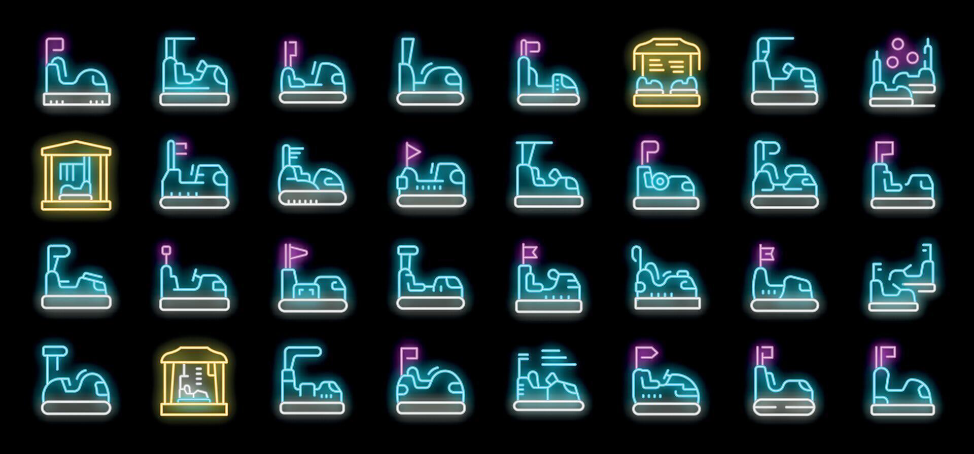 Set of bumper cars icons shining in various colors on a black background vector
