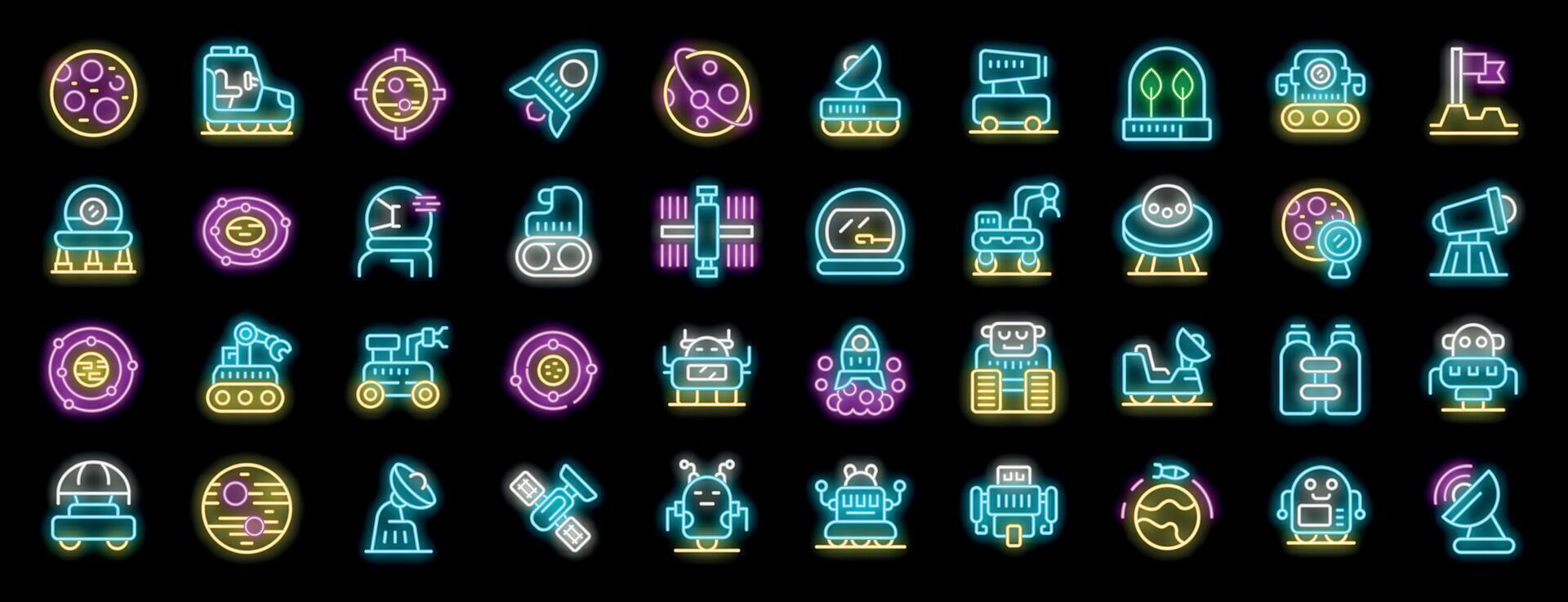 Colorful set of neon space exploration icons featuring astronaut, rocket, moon rover, satellite, telescope, and robot vector