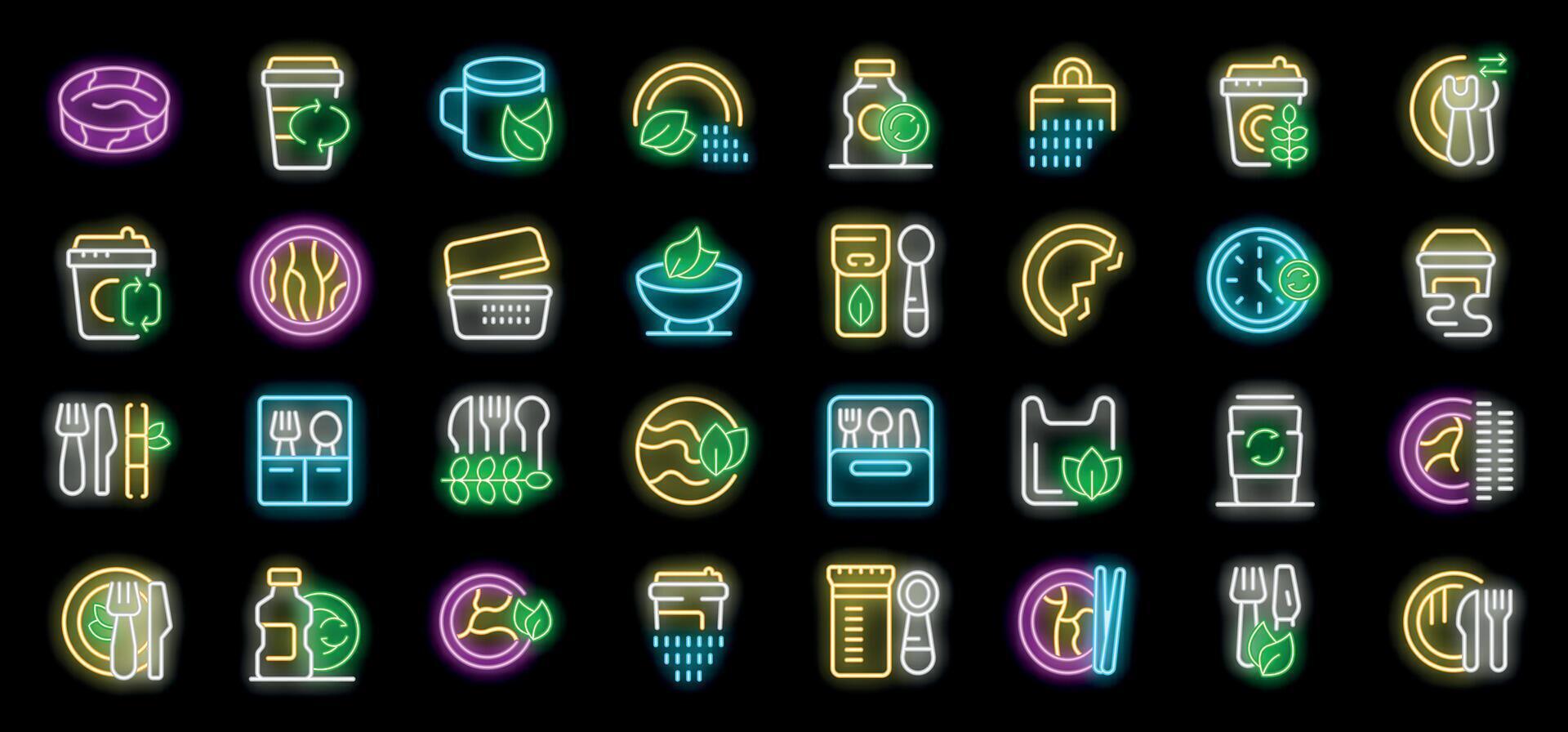 Set of zero waste kitchen reusable neon bright icons. Recycling food storage, eco friendly dishes, reusable kitchenware glowing pictograms collection on black background vector