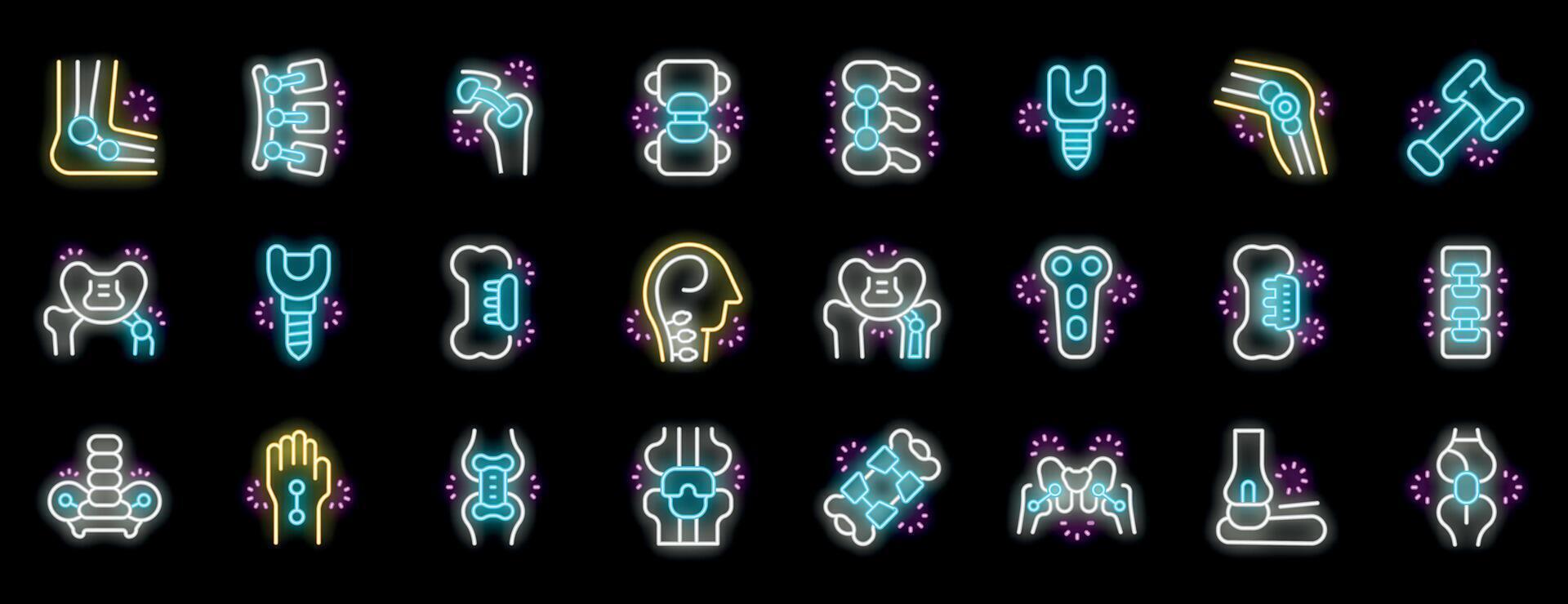 Set of neon icons related to orthopedics, joints, bones and trauma treatment vector