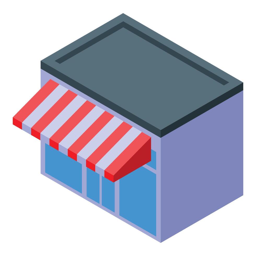 Small business building with striped awning isometric icon vector