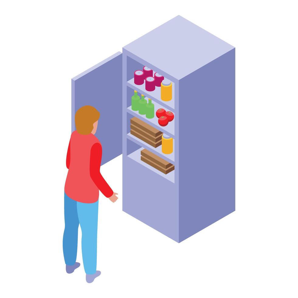 Young man looking inside open refrigerator full of food vector