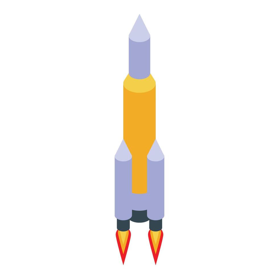 Yellow space rocket taking off with fire and smoke isometric view vector