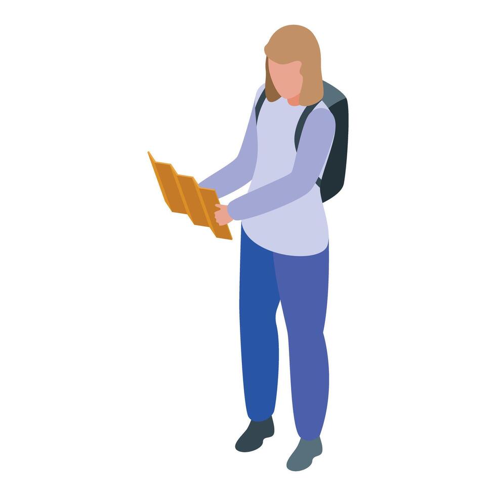 Backpacker woman holding a map is searching the route for hiking trip vector