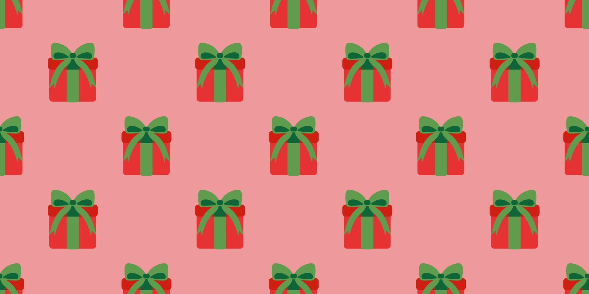 PrintA pattern of red and green boxes with bows on them. The boxes are arranged in a grid on a pink background. The image conveys a festive and joyful mood vector
