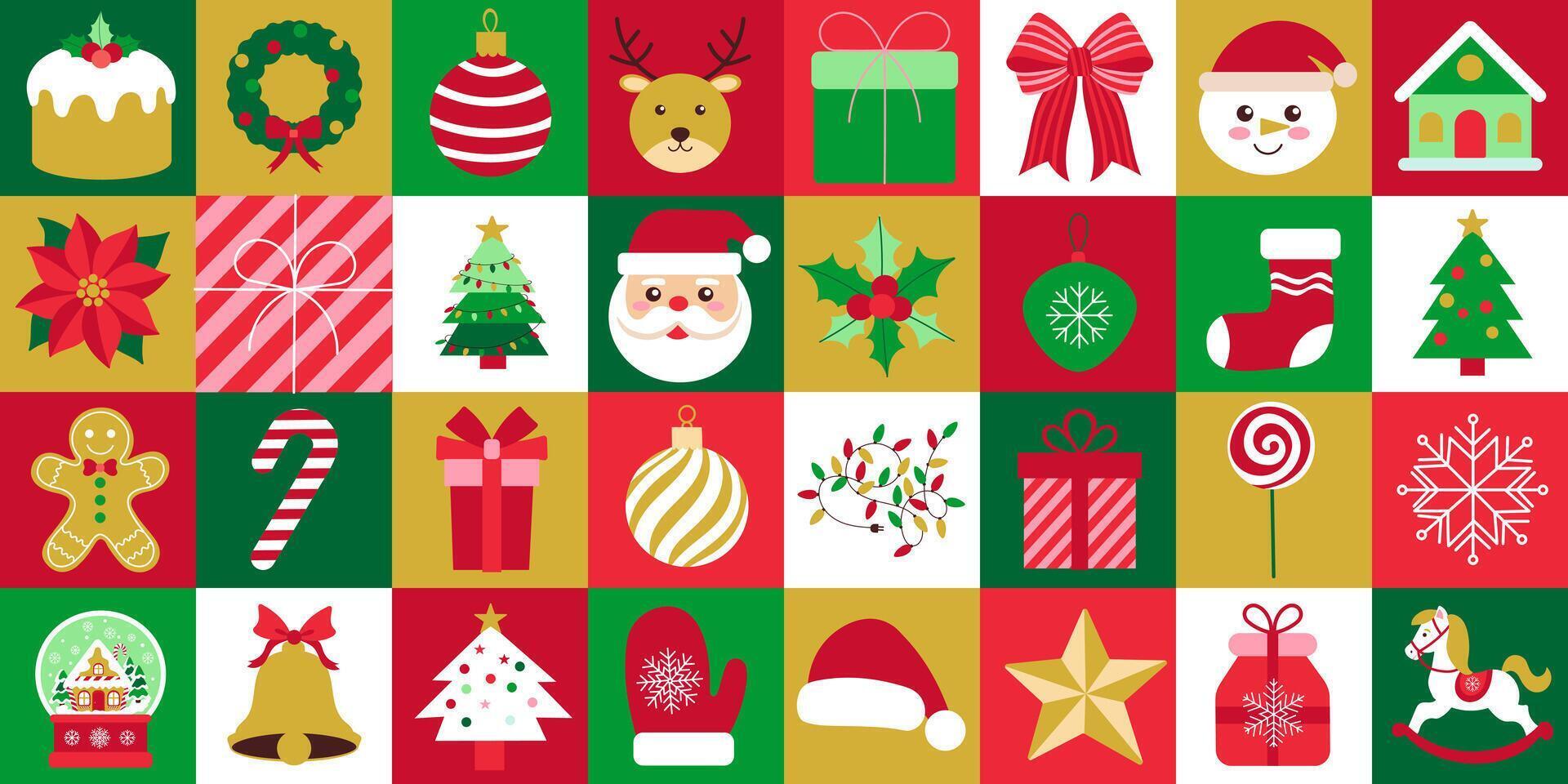 A colorful Christmas card with various festive symbols such as Santa Claus, Christmas trees, and gingerbread men vector