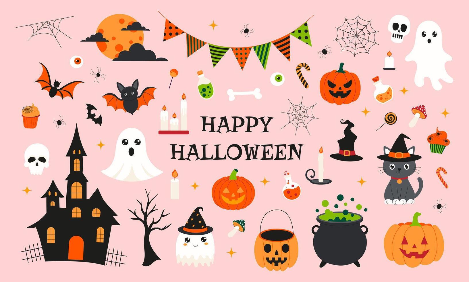 A colorful Halloween scene with a variety of spooky and festive elements vector