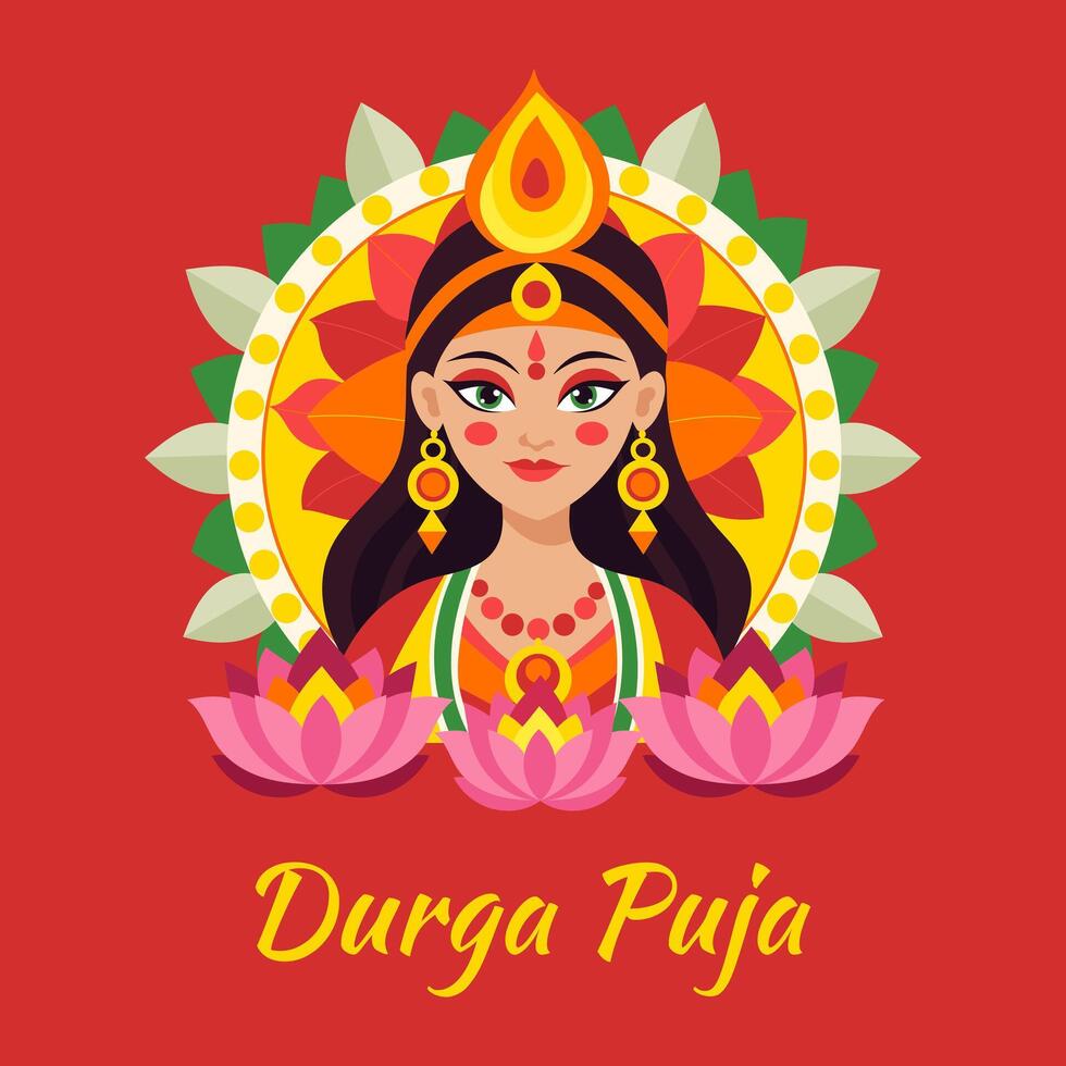 MobileA woman with a headdress and a flower on her head. The word Durga Puja is written below her vector