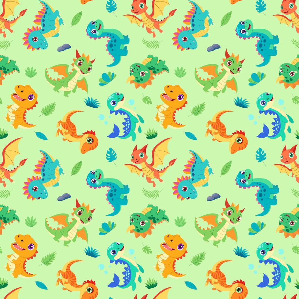 A green background with a variety of colorful dinosaurs. The dinosaurs are all different sizes and colors, and they are scattered throughout the image. Scene is playful and whimsical vector