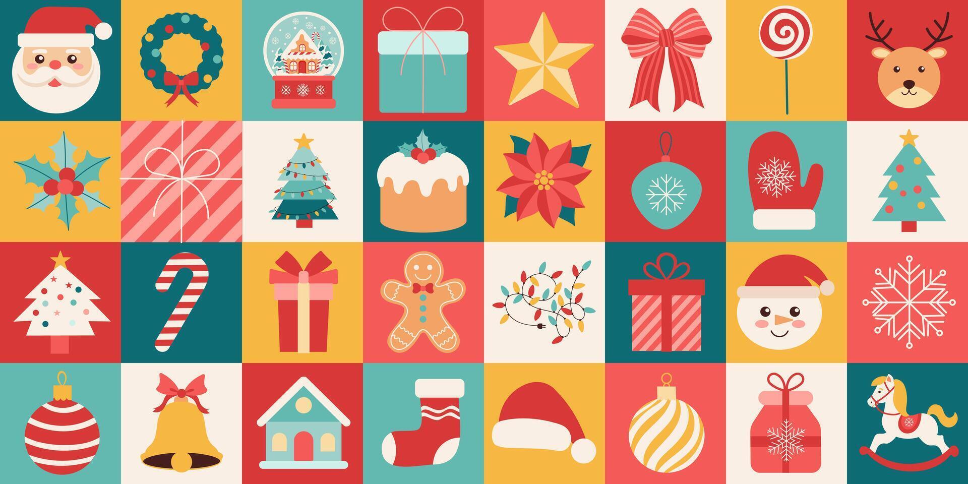 A colorful image of Christmas decorations including a Santa Claus, a Christmas tree, and a gingerbread man vector