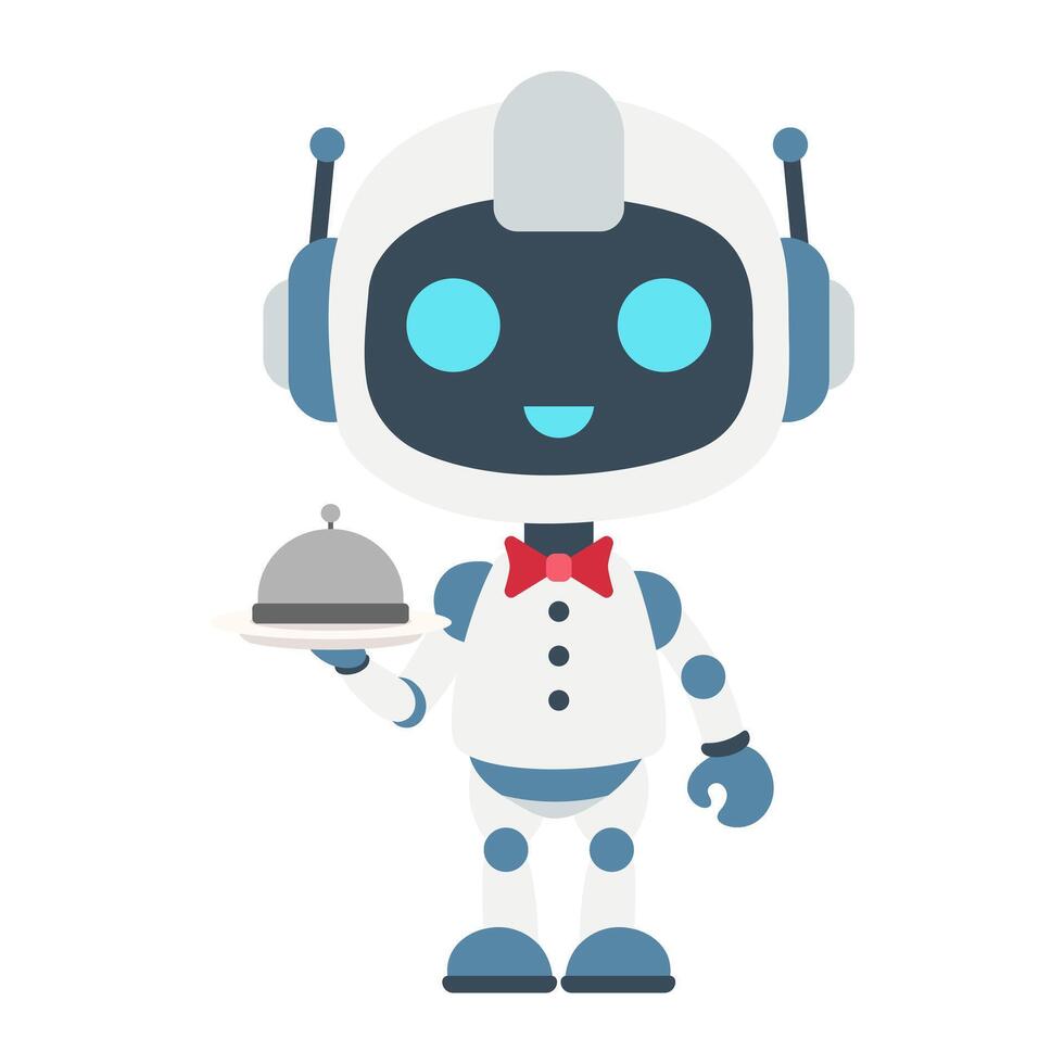 A robot is holding a tray with a silver plate on it vector