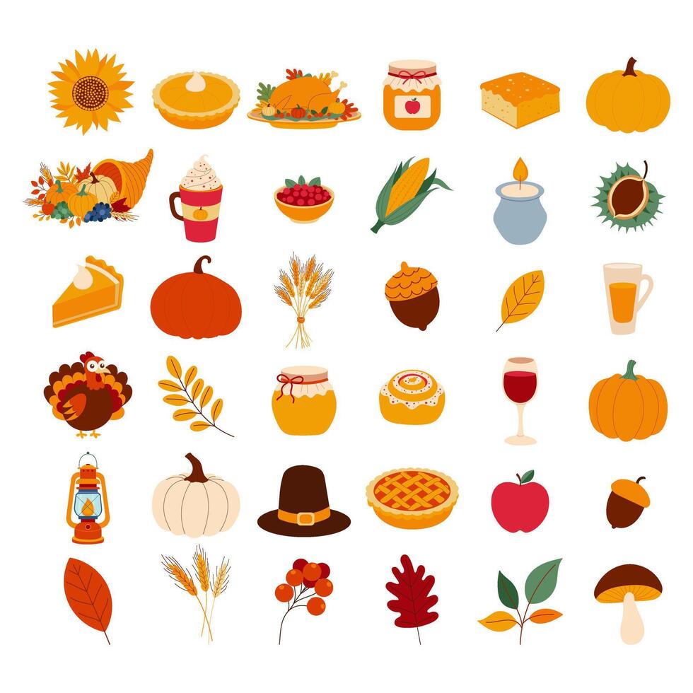 A collection of fall food and drink icons. The icons include a pumpkin, a turkey, a pie, a cup of coffee, a wine glass, and a bowl of food vector