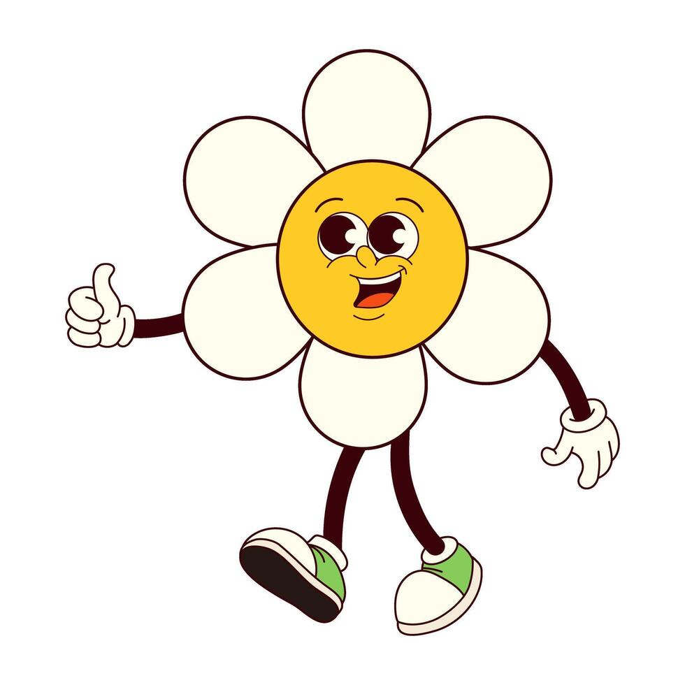 A cartoon character with a flower head and a yellow sun on its face is walking and giving a thumbs up vector