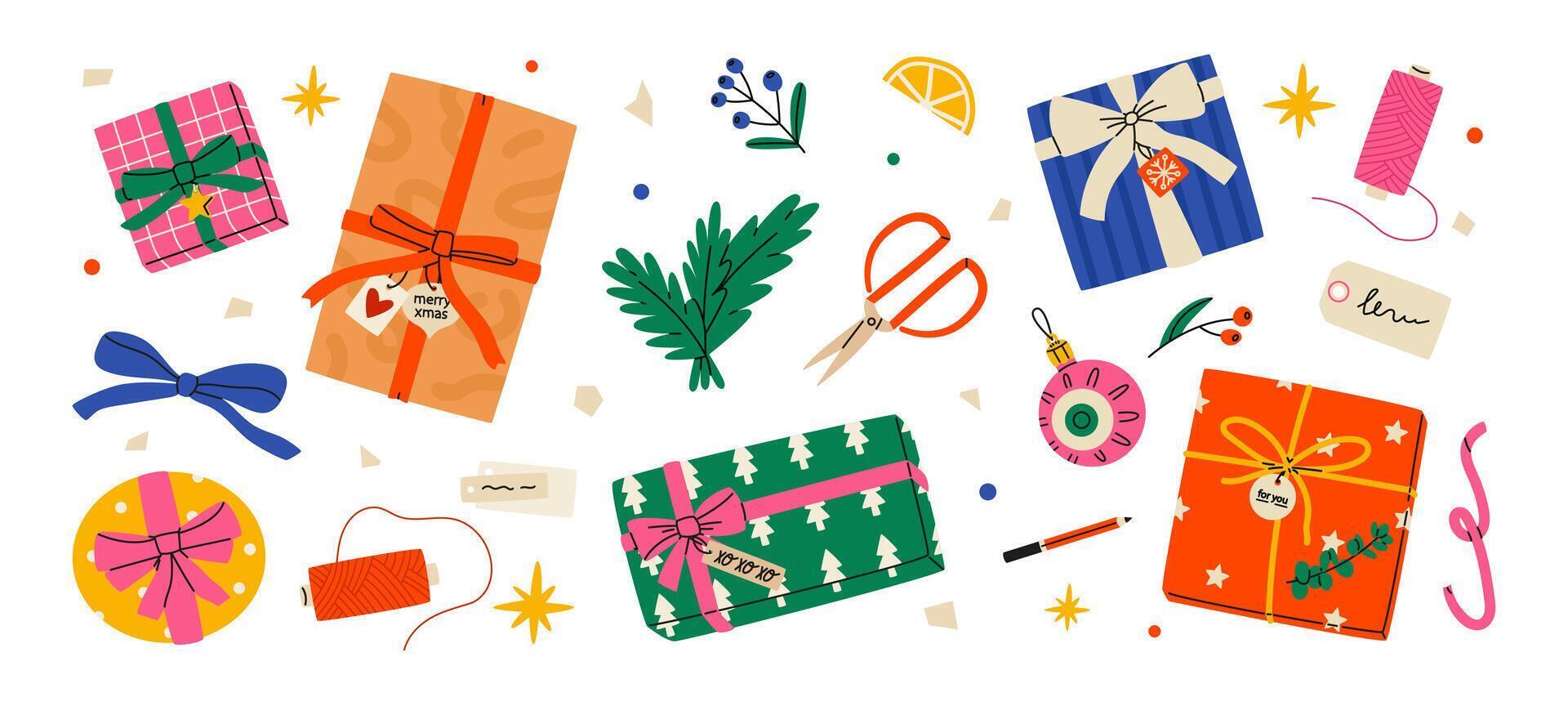Christmas gifts preparation set. DIY present boxes in colorful wrappings with bows and branches, scissors, decoration. Flat illustrations isolated on white background. vector