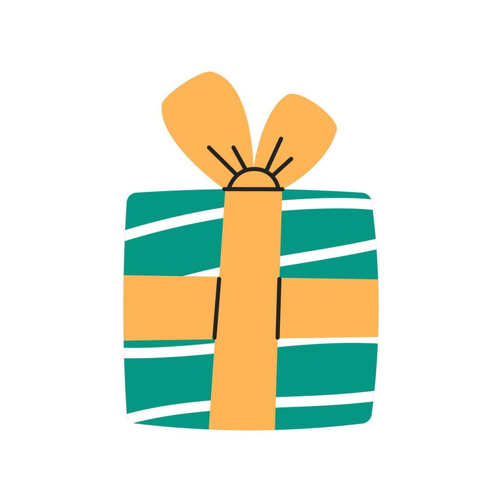 Christmas gift box in festive striped wrapping paper with ribbon and bow. Present for Christmas holiday.Flat illustration isolated on white. vector