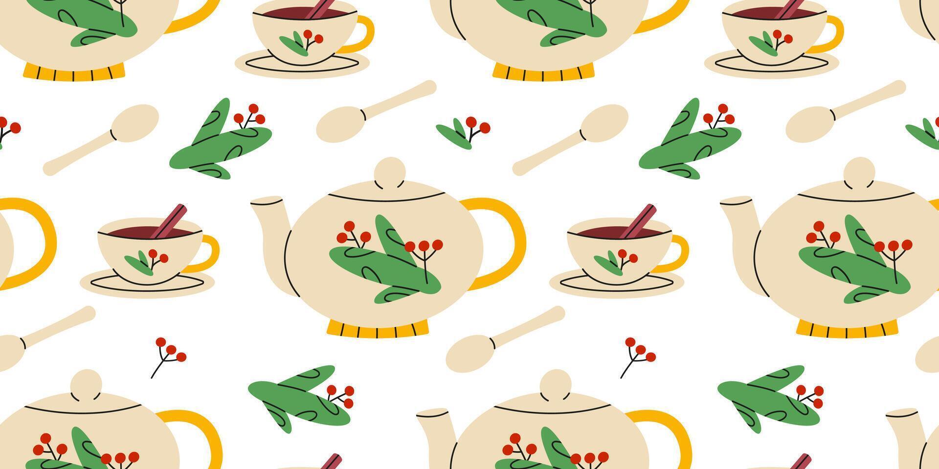 Christmas tea seamless pattern. Cinnamon tea, teapot and spoon. Flat illustration. vector