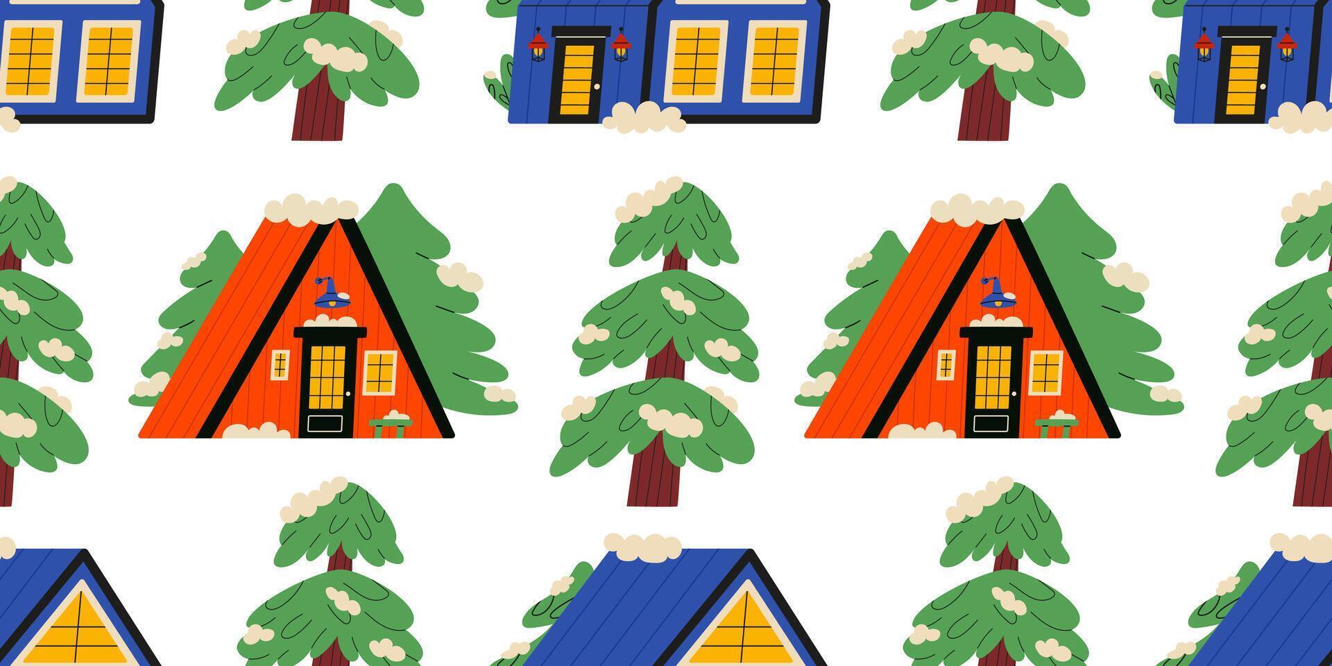 Seamless pattern with bright stylish houses and Christmas trees. Design for fabric, wrapping paper, postcards. vector