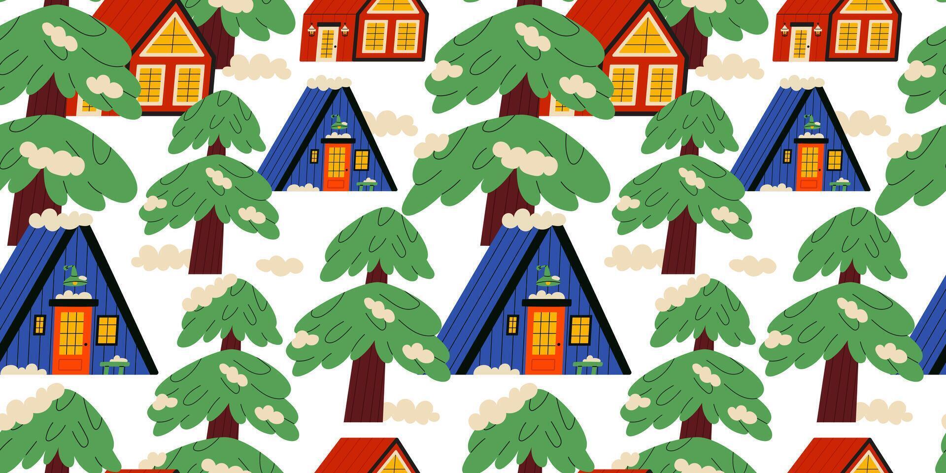 Christmas houses seamless pattern. Winter forest with bright houses. Design for fabric, wrapping paper, postcards. vector